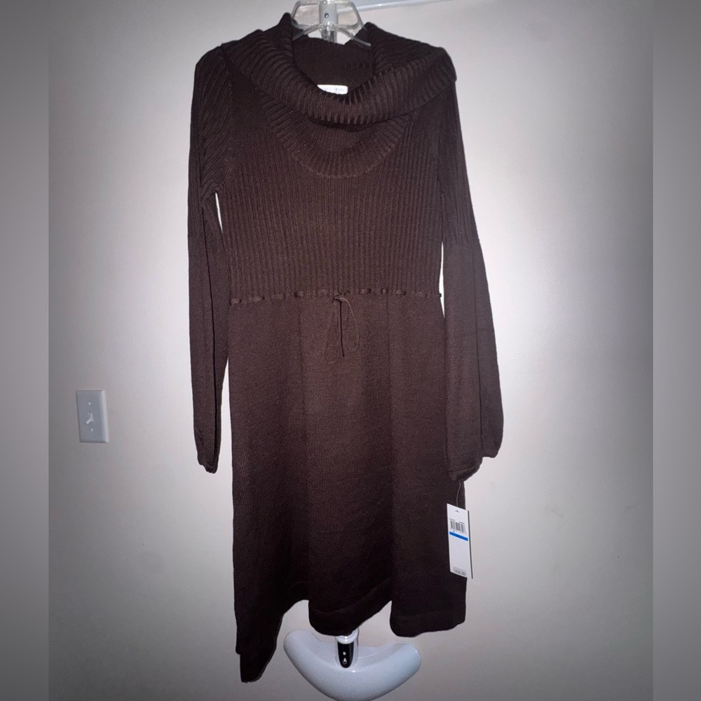 London Times Brown Knit Cowl-Neck Sweater Dress